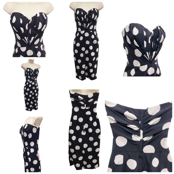 DOLCE & GABANNA VINTAGE WHITE/BLACK DOTS SILK BUSTIER MIDI STRAPLESS DRESS SZ 6 - Picture 13 of 16